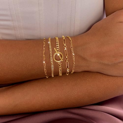 Gold Plated Bracelets for Women - Dainty 14K Gold Plated Chunky Stack Bracelet Set Adjustable Paperclip Bead Rope Box Figaro Herringbone Cuban Link Chain Bracelets Waterproof Non Tarnish Trendy Jewelry Gift2