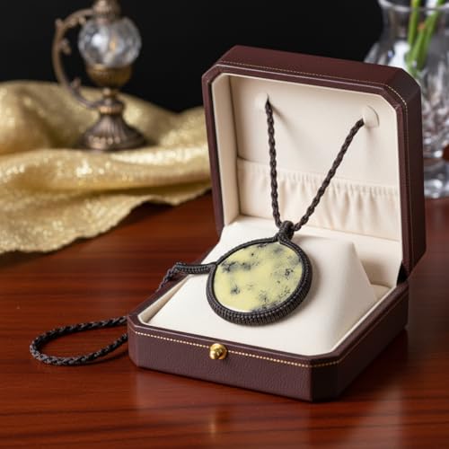 Collier pendentif rond en dendrite jaune naturelle chaîne cuir 45cm - 4