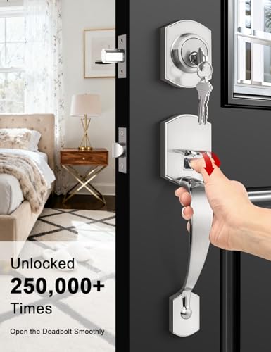 Image of Tinewa Camelot Trim Lower Half Entry Handleset and Deadbolt Set Satin Nickel, Upgated Entry Door Handle with Door Knob for Electronic Keypad, Sliver Front Door Lock Set