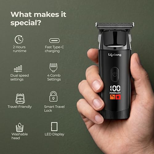 Image of Lifelong Mini Beard Trimmer for Man | Trimmer Men Beard | Cordless Portable All in One Trimmer for Man | Skin Friendly Shaving Machine with 4 Combs, 1.5Hr TypeC Rechargeable, 2Hr Runtime, Travel Lock