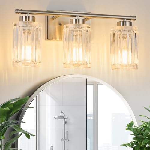 Image of 3 Light Bathroom Light Fixtures Modern Brushed Nickel 18 Inch Vanity Lights for Bathroom Lighting Fixtures Over Mirror with Thickened Glass Shade for Cabinet Mirror Bedroom Hallway