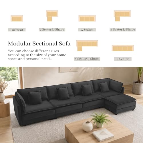 Image of Corduroy Sectional Couch, 4 Seater 149.2 inch L Shaped Cloud Couch with Ottoman, Modular Deep Seat Sofa with Pillows for Living Room, Apartment, Black