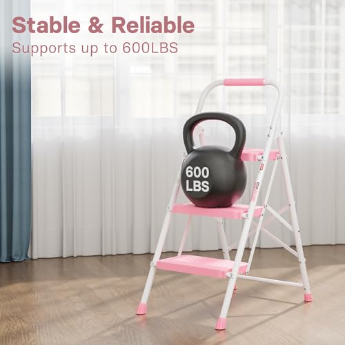 Image of BONTEC 3-Step Ladder, Folding Step Stool, 600lbs Max Load Capacity, Pink
