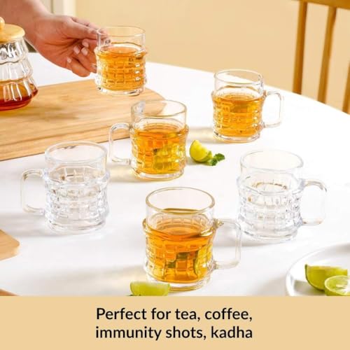 Image of Nestasia Transparent Glass Tea Cups Set of 6 (165ml Each) - Dishwasher Safe & 100% Food Safe Coffee Cups with Handle for Coffee, Tea, Hot & Cold Beverages | Geometric Embossed Design