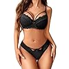 Avidlove Damen Spitze Dessous Set Sexy Unterwäsche Mit Bügel-BH und Slip Push up Lingerie Set V-Ausschnitt Babydoll Reizwäsche Outfits Schwarz S