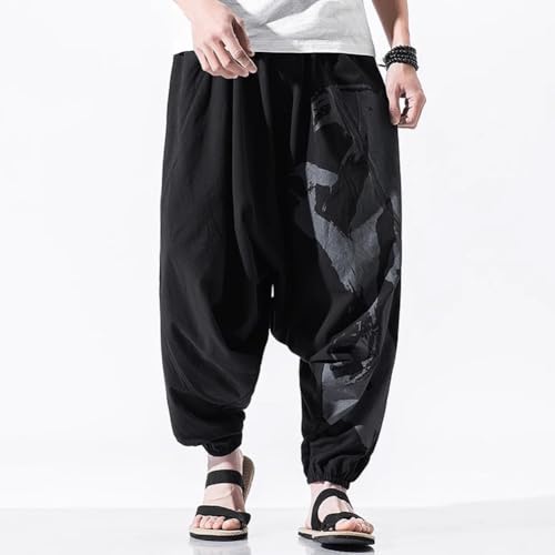 Men's Drawstring Boho Hippie Harem Pants Flying Crane Loose Drop Crotch Trousers Calligraphy Print Yoga Genie Pants2