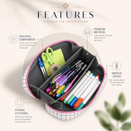 Image of Wooum Wide Opening Pencil Bag, Pen Pouch, Pen Bag, Pencil Holder, School Supplies Stationary Bag Big Capacity (White-Checks)