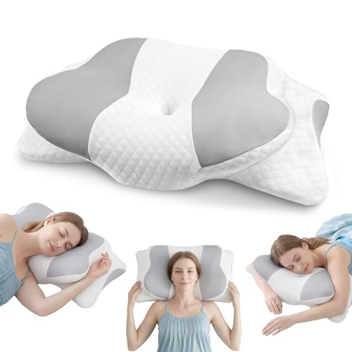 Ecofocet Almohada Cervicales y Cuello, Almohada Cervical de Espuma Viscoelástica, Almohada Ergonómica con Funda Extraíble, para Dormir de Lado, Boca Arriba y Boca Abajo, 66 x 40 x 7/14 cm (Gris)