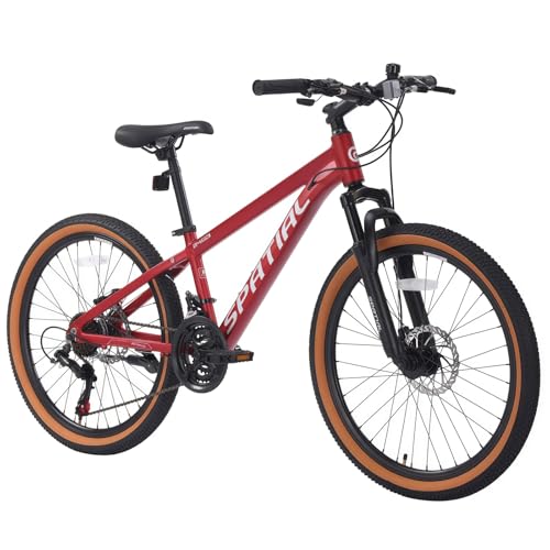 SPATIAL Mountain Bike, 20/24/26/27.5/29 inch Outdoor Cycling Bike,21/8 Speed Lightweight Aluminum Frame | Dual Disc Brakes,Adjustable Ergonomic Seat for Men Women Adult Teens (Red, 24'')
