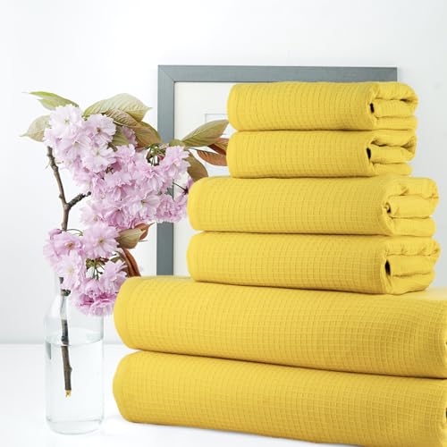 Image of Casa Copenhagen, Egyptian Cotton - Waffle Terry Towel 6 Piece Set, Includes 2 Bath Towels 2 Hand Towels 2 Washcloths - Butter Yellow