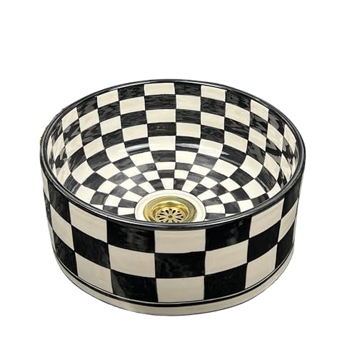 Brassatelier Black & White Checkerboard Ceramic Bathroom Sink ' Hand-Painted