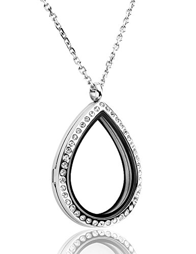 Jovivi Teardrop Floating Charm Memory Locket Necklace - 316 Surgical Stainless Steel with Clear Crystals