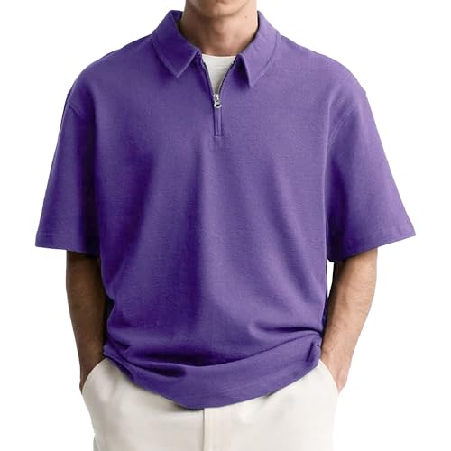 Men Quarter Zipper Lapel Casual T Shirt Solid Comfy Breathable Daily Shirts Summer Ordinary Slim Fit Pullover Tops (Purple,3X-Large)