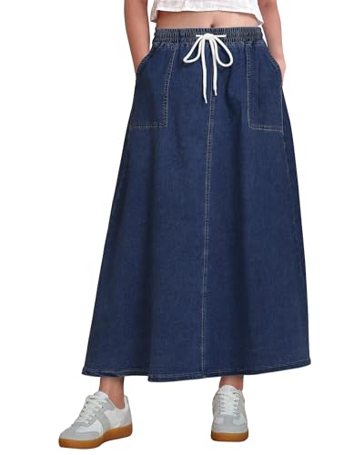 luvamia Denim Skirts for Women Trendy A Line Long Maxi Pull On Elastic Waist Drawstring Stretchy Jean Skirt with Pockets