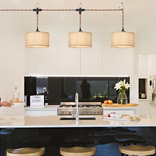 Image of 3 Light Plug in Pendant Lights Fabric Hanging Lamp Kit with Switch 22 Ft Long Hemp Rope Farmhouse Pndant Light Cord Lighting Fixture DIY Hanging Light