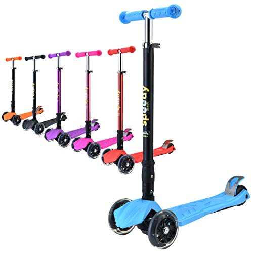 Speedy Scooters® Doblo LED Patinete de 3 Ruedas Luminosas LED - Plegable, Manillar Altura Ajustable y Freno Posterior para Niños, Inclinable Fácil de Girar (Azul)