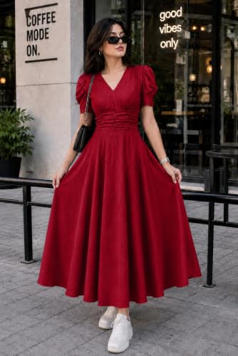 Image of Preneum Girl's & Women's Solid Color V-Neck A-Line Maxi Dress for Women | New Year Party Outfit | Waist Cinched Puff Sleeve Western | Elegant Casual Wear (Availble in Plus Size)