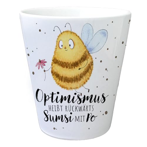 Pummel Biene Blumentopf mit Spruch Optimismus heißt rückwärts Sumsi mit Po EIN bunter Pflanzentopf für die Fensterbank Motiv Hummel Übertopf Frauen Geburtstag Keramik Frühlings