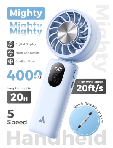 Image of Aecooly Mighty Portable Handheld Fan with Cooling Plate | 20H Max Cooling Time | 3 Flexible Modes | 5 Speeds Wind | Battery Level Display | Mini Personal Battery Powered, Gifts for Women, Travel -Blue