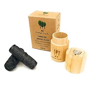 Vegan Biodegradable Bamboo Charcoal Dental Floss with Refillable Bamboo Container | Free Refill | Natural Candelilla Wax | 30M x2 | Peppermint Essential Oil | Eco Friendly Zero Waste Oral Care