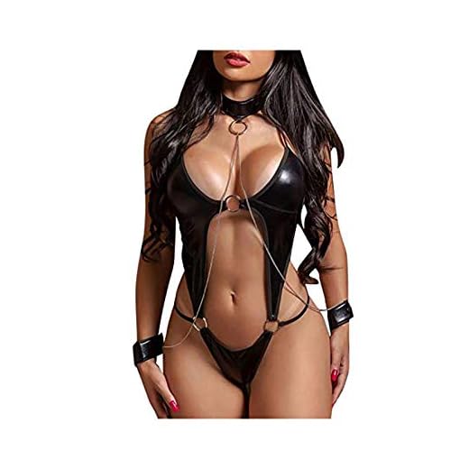 Damen Reizwäsche Sex Erotik BodyLeder Brust Harness PU Leder Halsband mit Kette, Sayla Sexy String Bodysuit Ouvert Latex Einteilige Dessous Set,ClubKleid Baby Doll Unterwäsche Cosplay Kostüm