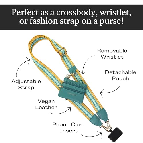 Image of Save the Girls Original Clip and Go Phone Strap Pattern (Fun Dots - Mustard /Aqua) - Crossbody Phone Strap Chain with Zipper Wallet Pouch - Phone Lanyard Zippered