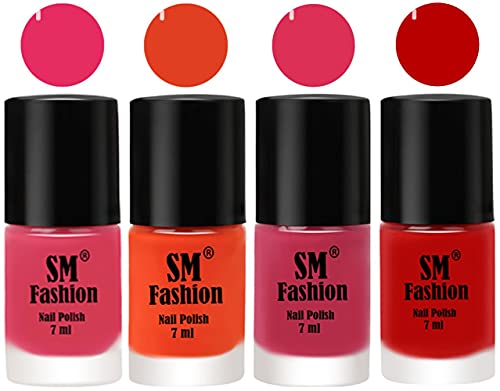 Image of Nail Polish Combo Set (Pack of 4) Quick Dry Gel Finish Nail Paint | Dark Rose Pink,Reddish Orange,Dusty Pink,Red | 7 ml Each
