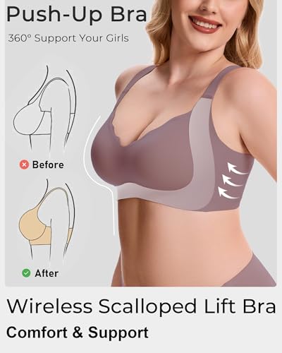 Image of Gailife Scalloped Lift Bras Women Soft Jelly Push Up Wireless Bra Supportive V Neck No Underwire Seamless Tshirt Bralettes