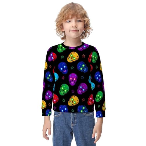 MZERSE Soft Kids Crew Neck Pullover Trippy Colorful Funny Neon Skulls, Long Sleeve Sweatshirt for All Seasons, 8-10Y