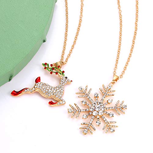 NLCAC Christmas Necklace Sparky Crystal Snowflake Reindeer Pendant Necklace Xmas Santa Holiday Festival Jewelry Necklace 2 Pieces2