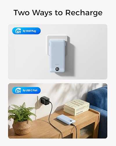 Image of VEGER Portable Charger with Built-in AC Plug and Cables, All in One 10000mAh Ultra Slim Power Bank Travel Essentials, USB C External Battery Pack Compatible with iPhone, Samsung, More, Blue