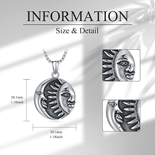 Swordgod Sun And Moon Necklace Stainless Steel Vintage Moon Sun Face Pendant Necklace With 22+2 Inch Square Rolo Chain Sun Moon Jewelry Birthday Christmas Gift For Men Boy Husband Brother #TOP2