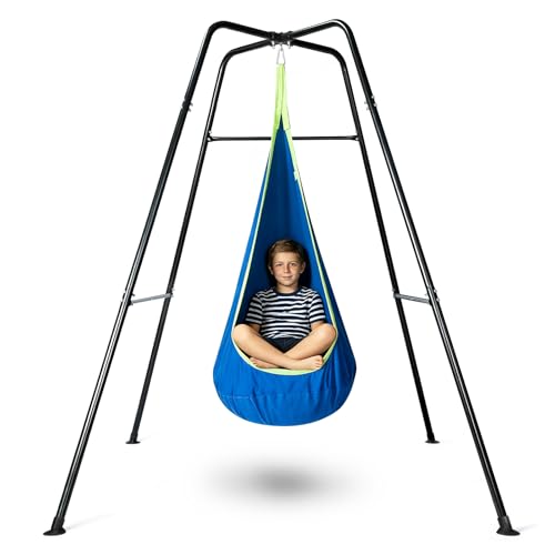 Swing Stand Frame with Sensory Pod Swings Sensory Swing Set for Kids Heavy Duty Metal Swings Frame Cotton Sensory Pod Swing for Kids Indoor and Outdoor 330LBS Blue