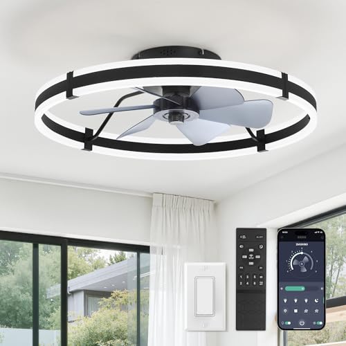 Image of ZMISHIBO 24 Inch Ceiling Fans with Lights and Remote, Modern Low Profile Ceiling Fan, 3000-6000K Dimmable Flush Mount LED Fan Light, 6 Wind Speeds, Fandelier Ceiling Fans for Bedroom- Black