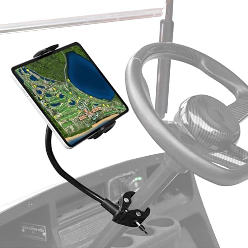 Urgown Golf Cart Tablet Phone Holder with Extended Arm Steering Column-Mounted Tablet/Phone Mount Length Adjustable/360 Rotatable Universal Compatible with 4-13 Devices Round Clip