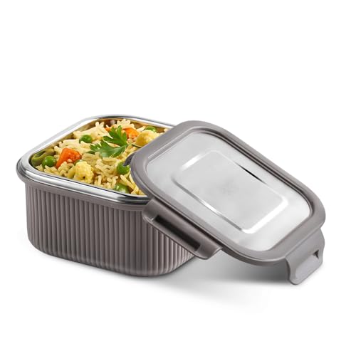 Image of Jaypee Plus Ultima Micro Seal Microwave Safe Air Tight Food Storage Container 400 ml Inner Stainless Steel Rib Design Spillproof Lunch Box for School, Office, Ideal for Snacks and Meal,Mirror Grey