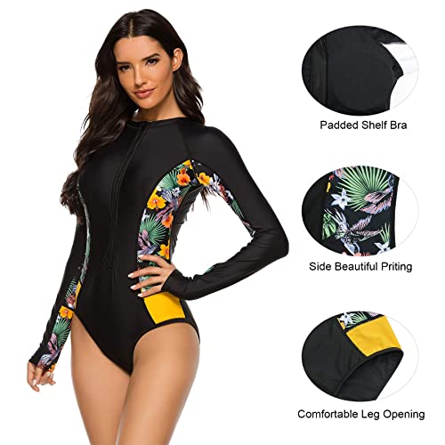 Zando Long Sleeve Rash Guards Long Sleeve Bathing Suit Athletic Rashguard One Piece Swimsuit Women Tummy Control Surfing Swimsuits Uv Protection Swim Shirt Floral Swimwear 1 Watercolor Flower 4-6 #TOP5