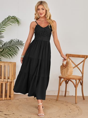 Image of Dokuritu Women's Beach Crochet Lace Maxi Dress Solid Color Summer Vacation Wedding Guest Spaghetti Strap Long Dress