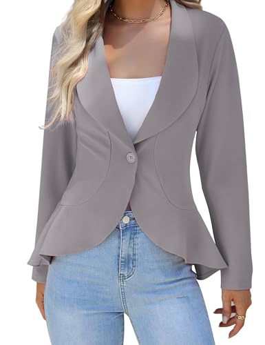 KOJOOIN Americana para mujer, informal, con frente abierto, cárdigan de manga larga, chaqueta de trabajo, informal, chaqueta de traje, chaqueta con volantes, gris, L