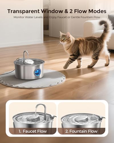 Invengo Katzenbrunnen Edelstahl, 3.2L Ultra-Leiser Trinkbrunnen für Katze mit Wasserstandsanzeige und 5-Fach Filtersystem - Haustierbrunnen für Katzen und Kleine Hunde, Inklusive 4 Ersatzfiltern