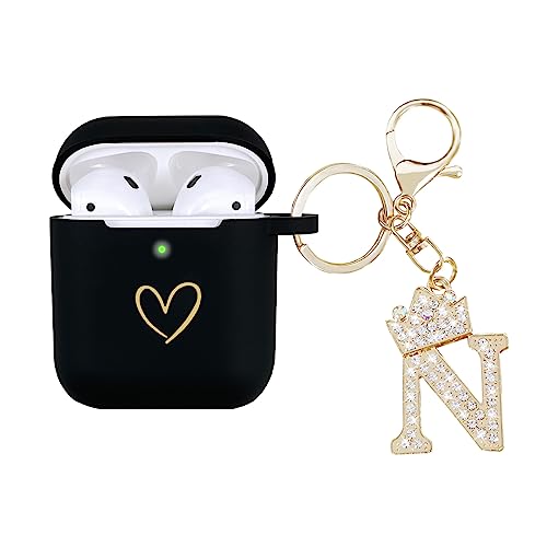 AIIEKZ Compatible with AirPods Case Cover, Soft Silicone Case with Gold Heart Pattern for AirPods 2&1 Generation Case with Rhinestone Studded Letter A-Z Keychain (N)
