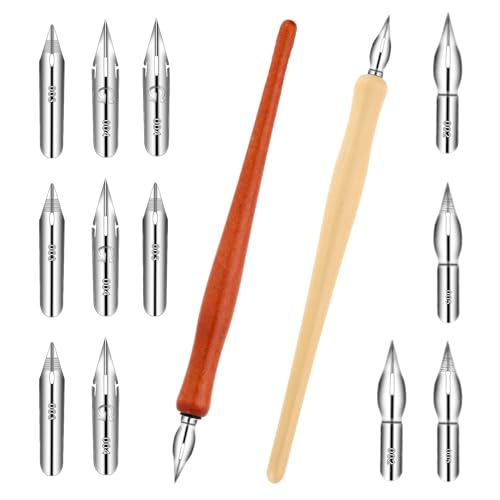 Larrel 14 PCS Dip Pen Set, Wooden Calligraphy Drawing Set with 12 Replacement Flex Fountain Pen Nib for Beginners Professors Writing Painting Signing Sketch