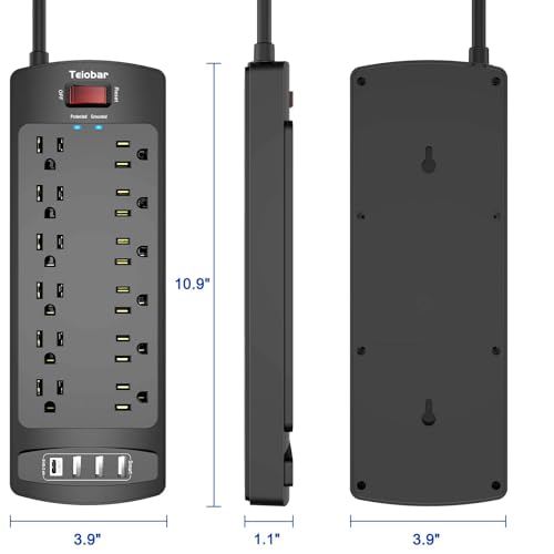 Image of Surge Protector Power Strip, Teiobar 12 Outlets and 4 USB Ports, 6 Feet Extension Cord for Home, Office, Dorm Essentials, 2700 Joules, ETL Listed, Black