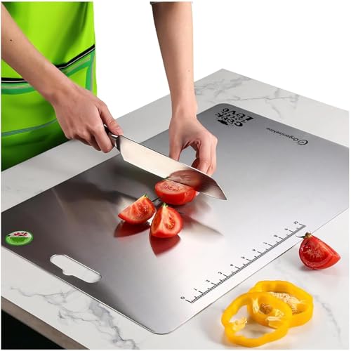 Image of OrganizeMee Stainless Steel Chopping Board Extra Large for Kitchen (45 X 31.2 CM) Kitchen Food Grade,Cutting Vegetable Chopper Board with Anti Skid Silicon & Anti Rust Platform Countertop Pad