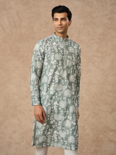 Image of Manyavar Men's Cotton Blend Floral Print Full Sleeves Long Kurta Pyjama Set (2pcs)