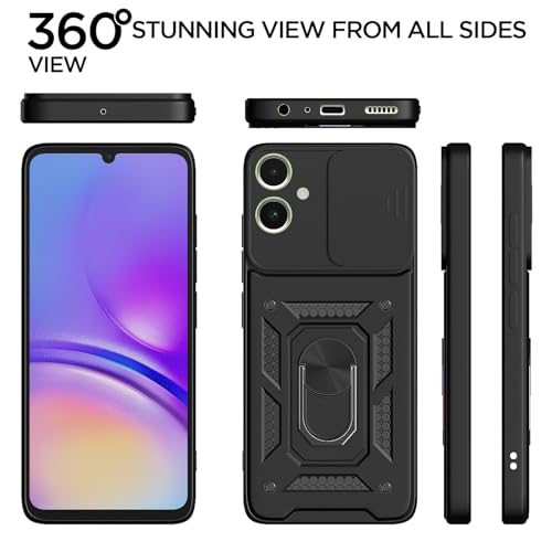Image of Pikkme D10 Tough Armor Bumper Case | 360 Protection Case | Sliding Camera Shield Cover & Ring Holder Stand Back Cover for Samsung Galaxy M05 / A05 / F05 (Black)