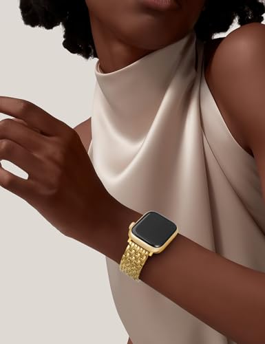 Image of W-RARA Compatible with Apple Watch Band 38 /40 /41 /42 /44 /45 /46 /49mm Women Men, Dressy Stainless Steel Seven-link Horizontal Texture Metal Strap for iWatch Series 11 10 9 8 7 6 5 4 SE Ultra 3 2 1