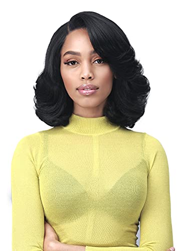 BOBBI BOSS Bobbi Boss 13X7 HD Lace Bob Curly Synthetic Wig - MLF602 NATALIA, Wavy Short Wigs with Baby Hairs, Glueless Lace Free Part Wig with High Heat Resistant Wigs (1B, Off Black)