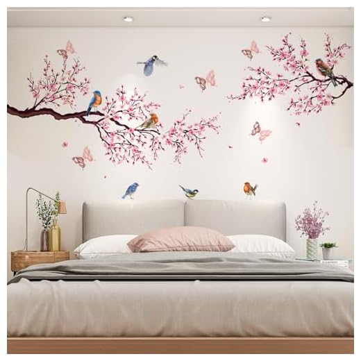 Stickers Muraux, 4 Pièces Autocollants Décoratifs, Oiseaux Decoratifs, Fleurs de Cerisier Decoration Murale Chambre, avec 12 Pièces 3D Autocollant Papillon, Deco Chambre Ado Fille, Salon