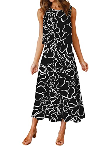 ROYLAMP Women's Summer 2 Piece Outfits Round Neck Crop Basic Top Cropped Wide Leg Pants Set Jumpsuits Black Floral M